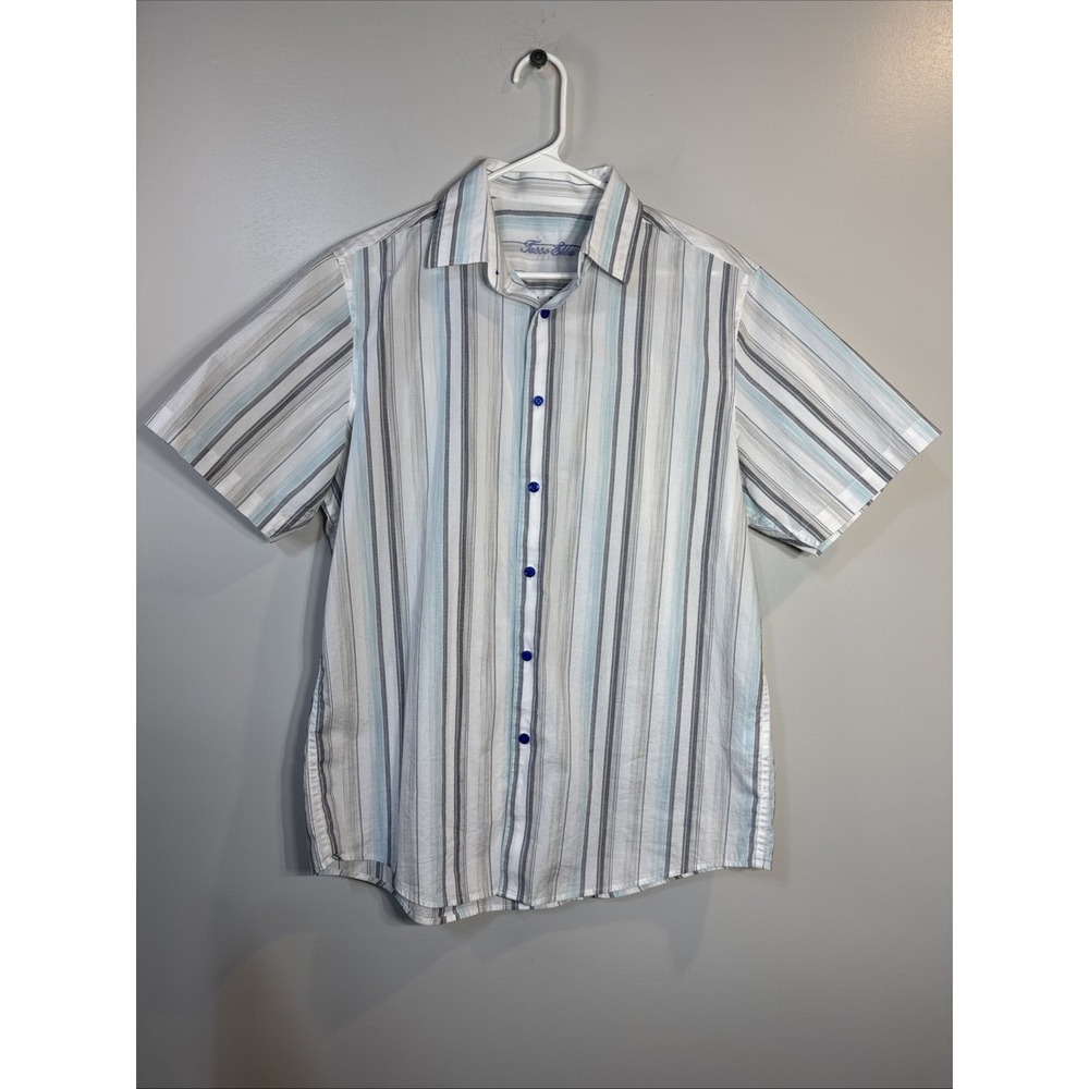 Tasso Elba Mens Striped Short‎ Sleeve Button Up Shirt Blue White Gray Size XL